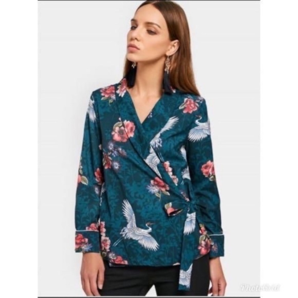 Zara Green Floral Crane Kimono Wrap Blouse